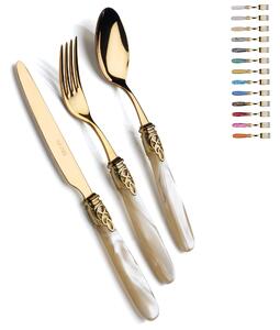 4-Piece Cutlery Set for 1 Place Setting Gioiello All Gold in 18/10 Stainless Steel with Mother-of-Pearl Acrylic Handle and Gold-Plated Ring, Gold Finish