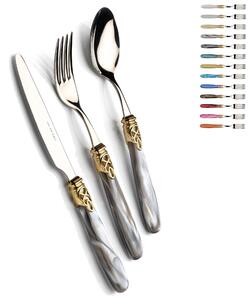 4-Piece Cutlery Set for 1 Table Setting Gioiello Gold in 18/10 Stainless Steel with Pearly Acrylic Handle and Gold Ring, Gold Stainless Steel Finish