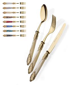 Versailles 24 Piece Colourful Cutlery Set, 6 Table Settings, All Gold Versailles with 18/10 Stainless Steel, Mother-of-Pearl Acrylic Handle with Double Gold Ring, Gold Finish Stainless Steel