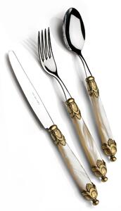 Coloured Cutlery Set 4 Pieces 1 Table Setting Siena in 18/10 Stainless Steel with Pearlised Acrylic Handle and Double Golden Ring Antique Gold Finish