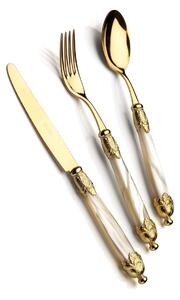 Siena 24 Piece Cutlery Set for 6 Table Settings in 18/10 Stainless Steel with Pearly Acrylic Handle and Double Gold Ring, All Gold Finish