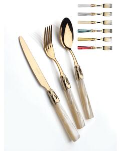 CAPRI Gold Bezel and Gold Cutlery, 6 Place Settings, 24-Piece Cutlery Set in Polished 18/10 Stainless Steel 2.5 mm Thickness, Mother-of-Pearl Acrylic Handle with Shiny Gold Metal Bezel, Dishwasher Safe