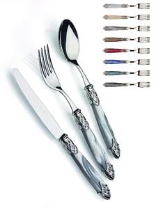 DUBAI SHINY, 6 seat table, 24 piece cutlery set in polished 18/10 stainless steel 2.5 mm thickness Handle in pearly acrylic with shiny metal ring dishwasher safe