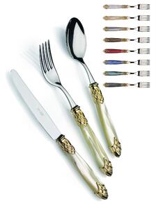 DUBAI GOLD AND STEEL, 6 Place Settings, Cutlery Set 24 Pieces in Polished 18/10 Stainless Steel 2.5 mm Thickness with Mother-of-Pearl Acrylic Handle and Polished Metal Ring, Dishwasher Safe