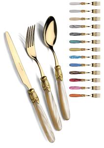ISCHIA ORO ANTICATO and Gold 6 Place Settings, Cutlery Set 24 Pieces in Polished 18/10 Stainless Steel Thickness 2.5, Handle in Mother-of-Pearl Effect Acrylic with Antiqued Gold Effect Ring Dishwasher Safe