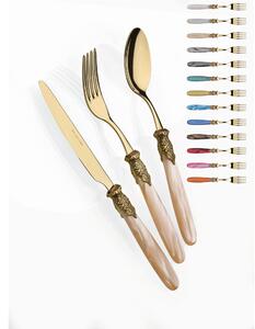 PARIS ALL ANTIQUE GOLD, 6 place settings, 24 piece cutlery set in polished 18/10 stainless steel 2.5 mm thickness, Mother-of-pearl acrylic handle with antiqued metal ring, dishwasher safe