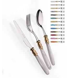 PARIS GOLD AND STEEL, 6 seat table, 24 pieces cutlery set in polished 18/10 stainless steel 2.5 mm thick Pearl acrylic handle with golden ring dishwasher safe