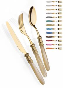 PARIS ALL GOLD, 6 place settings, 24 pieces cutlery set in polished 18/10 stainless steel 2.5 mm thickness, Mother-of-pearl acrylic handle with gold ring, dishwasher safe