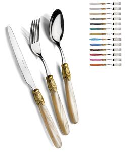 Ischia Oro Anticato and Steel Cutlery Set, One Table Setting, 4-Piece Cutlery Set in Polished 18/10 Stainless Steel 2.5 mm Thick with Mother-of-Pearl Acrylic Handle and Antiqued Ring