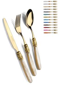 Ischia Ghiera Oro Anticato e Oro, one table setting, 4-piece cutlery set in polished 18/10 stainless steel thickness 2.5 with mother-of-pearl acrylic handle and Antique Gold metal ring