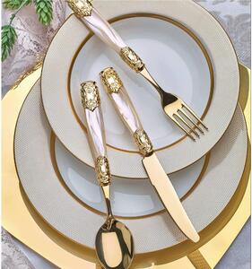 QUEEN ORO GOLD 24-Piece Cutlery Set - 6 Place Settings with Pearlescent Acrylic Handle and Golden Metal Ring, 2.5 mm Thickness