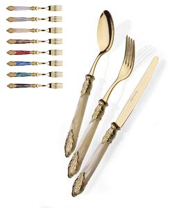 Versailles 4-Piece Cutlery Set for One Place Setting All Gold in 18/10 Stainless Steel with Mother-of-Pearl Acrylic Handle and Double Gold Ring Gold Finish Stainless Steel