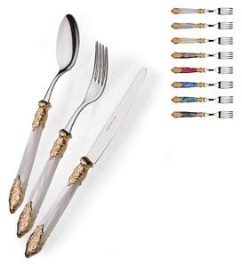Colourful Cutlery Set 4 Pieces 1 Place Setting Versailles Gold in 18/10 Stainless Steel with Mother-of-Pearl Acrylic Handle and Double Gold Ring Gold Finish Stainless Steel Name: Versailles