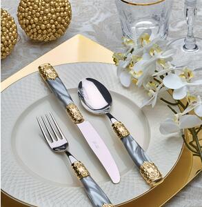 QUEEN GOLD STEEL 24-Piece Cutlery Set - 6 Table Settings with Pearl Effect Methacrylate Handle and Golden Metal Ring, 2.5 mm Thickness