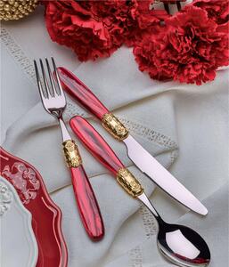 VICTORIA ORO ACCIAIO 24-Piece Cutlery Set - 6 Table Settings with Pearlescent Acrylic Handle and Gold Metal Ring, 2.5 mm Thickness