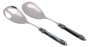 Arianna Salad Cutlery Set of 2 Pieces in 18/10 Stainless Steel with PMMA Handle in Mother-of-Pearl Effect and Antique Ring 2.5 mm Green Colour