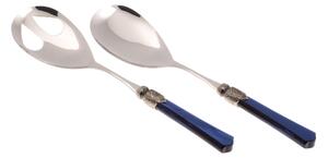 Vittoria Salad Cutlery Set of 2 Pieces in 18/10 Stainless Steel with PMMA Handle in Mother-of-Pearl Effect and Antique Ring, 2.5 mm, Blue Colour