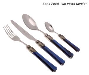 4-Piece VITTORIA Cutlery Set, One Place Setting in 18/10 Stainless Steel with 2.5mm Thickness and Blue Plexiglass Handle, Packaged