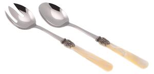 ELENA Salad Cutlery Set of 2 Pieces in 18/10 Stainless Steel with 1.5 mm Thick Ivory Coloured Methacrylate Handle