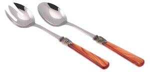 ELENA Salad Cutlery Set of 2 Pieces in 18/10 Stainless Steel with 1.5 mm Thick Orange-Coloured Methacrylate Handle
