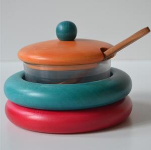 Solid Linden Wood Sugar Bowl � 13xh 10 cm with Glass Interior, Red Blue Orange Combination