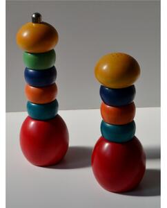 Solid Linden Wood Pepper Grinder and Salt Shaker, Pepper diam. 7xh21 cm - Salt diam. 7xh17 cm, Red Base