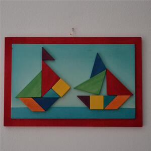 Double Boat Tangram Painting 37x24x1.6 cm Horizontal Wooden Panel Red Colour, Pieces are Attached and Glued with 7 Tangram Pieces Infinite Figures Can Be Made