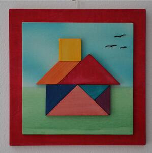 Tangram Painting The Little House 24x28x1.6 cm Horizontal Wooden Panel Red Colour, Pieces are Attached and Glued with 7 Tangram Pieces Infinite Figures Can Be Made
