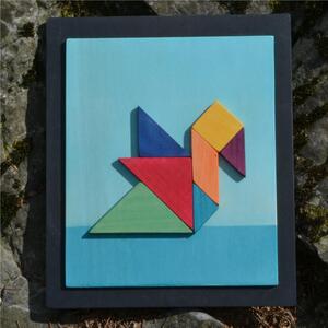 Swan Tangram Painting 24x28x1.6 cm Horizontal Blue Wooden Panel, Pieces Attached and Glued with 7 Tangram Pieces Infinite Figures Can Be Made