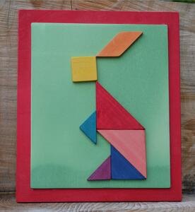 Right Rabbit Tangram Picture 24x28x1.6 cm Horizontal Wooden Panel Red Colour The Pieces are Attached and Glued with 7 Tangram Pieces Infinite Figures Can Be Made