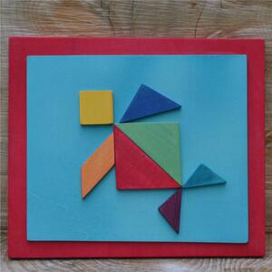 Tangram Turtle Painting 24x28x1.6 cm Horizontal Wooden Panel Red Colour, Pieces are Attached and Glued with 7 Tangram Pieces Infinite Figures Can Be Made