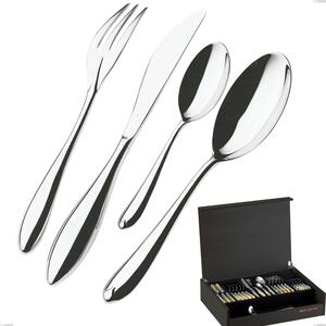 49-Piece Venezia Bugatti Cutlery Set in Wenge Wood Case, 18.10 Polished Chrome Stainless Steel, 12 mm Thickness