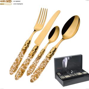 Aladdin All Gold Bugatti Cutlery Set 49 Pieces in Gallery Box, 18.10 Stainless Steel Gold-Plated with 24 Karat Gold, PMMA Handle