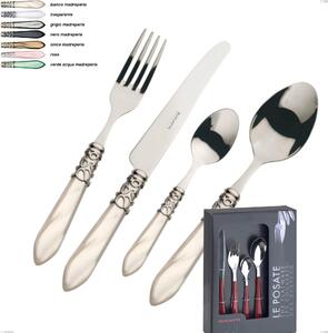 Melodia Chrome Ring Bugatti 24 Pieces Cutlery Set in Display Case, 18.10 Stainless Steel with Mother-of-Pearl Effect in Acrylic