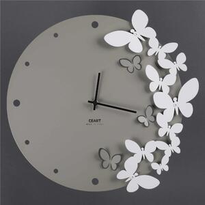 Wall Clock with Metal Structure and Dancing Butterflies, 40 cm Diameter, Black Hands, Dove Grey Colour
