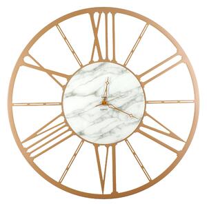 Wall Clock with Roman Numerals in Metal RUOTA SMALL Size 50xh 50 cm in CARRARA Marble with Marbled Glass Dial and Gold Metallic Gold Hands