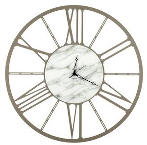 Roman Numerals Metal Wall Clock RUOTA SMAL Size 50xh 50 cm in CARRARA Marble with Marbled Glass Dial and Black Hands in Pastel Dove Grey Colour