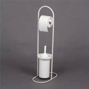 Wrought Iron Toilet Roll Holder and Brush Stand, Dimensions 38x18xh 76 cm, Ceramic Brush Holder, Pastel Ivory Cream Colour
