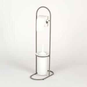 Wrought Iron Toilet Roll Holder and Brush Stand with Ceramic Brush Holder, Pastel Dove Grey, Dimensions 38x18xh 76 cm