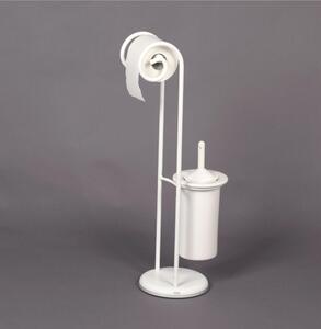 Wrought Iron Toilet Roll Holder and Brush Holder with Two Curls, Dimensions 24x20xh 75 cm, White Pastel Ceramic Brush Holder