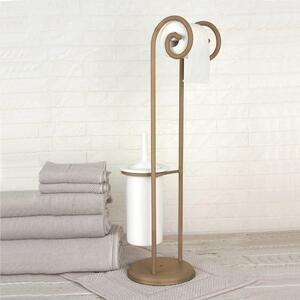 Wrought Iron Toilet Roll Holder and Brush Stand with Two Curls, Dimensions 24x20xH 75 cm, Ceramic Brush Holder, Metallic Gold Colour
