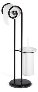Wrought Iron Toilet Roll Holder and Brush Stand with Two Curls, Size 24x20xh 75 cm, Ceramic Brush Holder, Matte Black