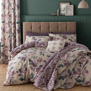 Catherine Lansfield Painted Floral Plum Duvet Cover and Pillowcase Set Purple/Natural