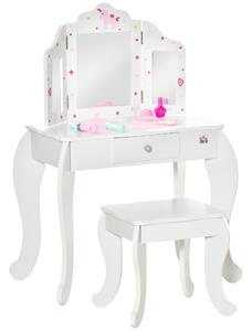 HOMCOM Kids Vanity Table & Stool Girls Dressing Set Make Up Desk Chair Dresser Play Set with Rotatable Mirrors Drawer Star & Heart Pattern White