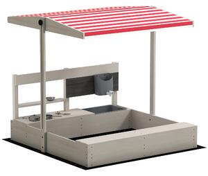 Outsunny Kids Wooden Sandbox w/ Canopy, Kitchen Toys, Seat, Storage, for 3-7 Years Old Outdoor Play