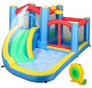 AIYAPLAY Inflatable Bouncy Castle with 550W Blower, Basketball Hoop, Long Slide, Dart Board, Carrying Bag, 385 x 290 x 180 cm