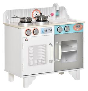 HOMCOM Kids Wooden Toy Kitchen Play Cooking Set Pretend Role Playset, with Sink Faucet, Cooking Bench, Stainless Steel Pot for 3-6 Years