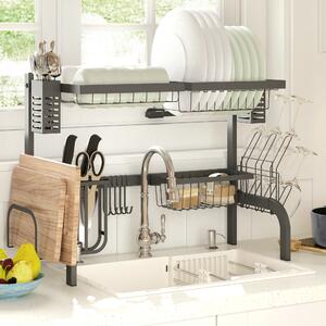 HOMCOM Over Sink Dish Rack, 2 Tier 65cm Steel Dish Rack with Anti-slip feet for Kitchen Counter, Space Saving Dish Drying Rack, Black Aosom UK