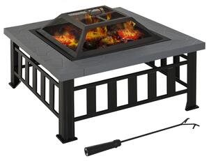 Outsunny Metal Large Firepit Outdoor Square Fire Pit Brazier w/ Rain Cover, Lid, Log Grate for Backyard, Camping, BBQ, Bonfire, 86 x 86 x 54cm, Black