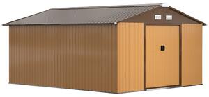 Outsunny 13 x 11 ft Metal Garden Shed Large Patio Roofed Tool Storage Box with Foundation Ventilation and Sliding Doors, Light Brown Aosom UK